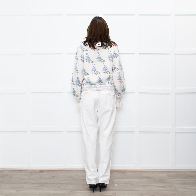 LoveShackFancy Cream Green Floral Wool Blend Cardigan