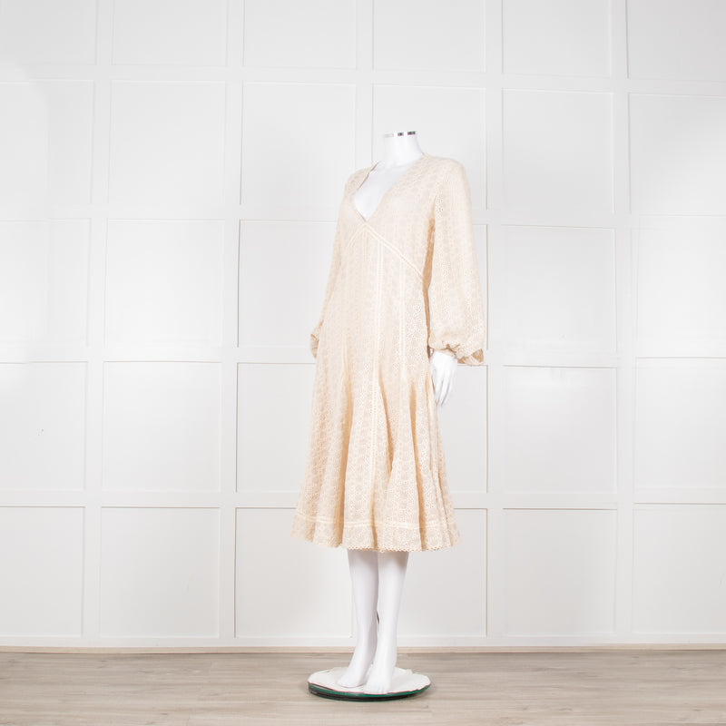 Jonathan Simkhai Beige Embroidered V-Necked Long Sleeve Dress