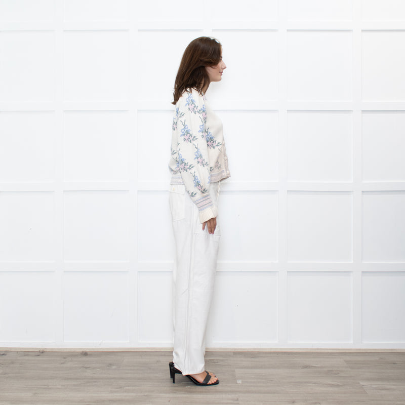 LoveShackFancy Cream Green Floral Wool Blend Cardigan