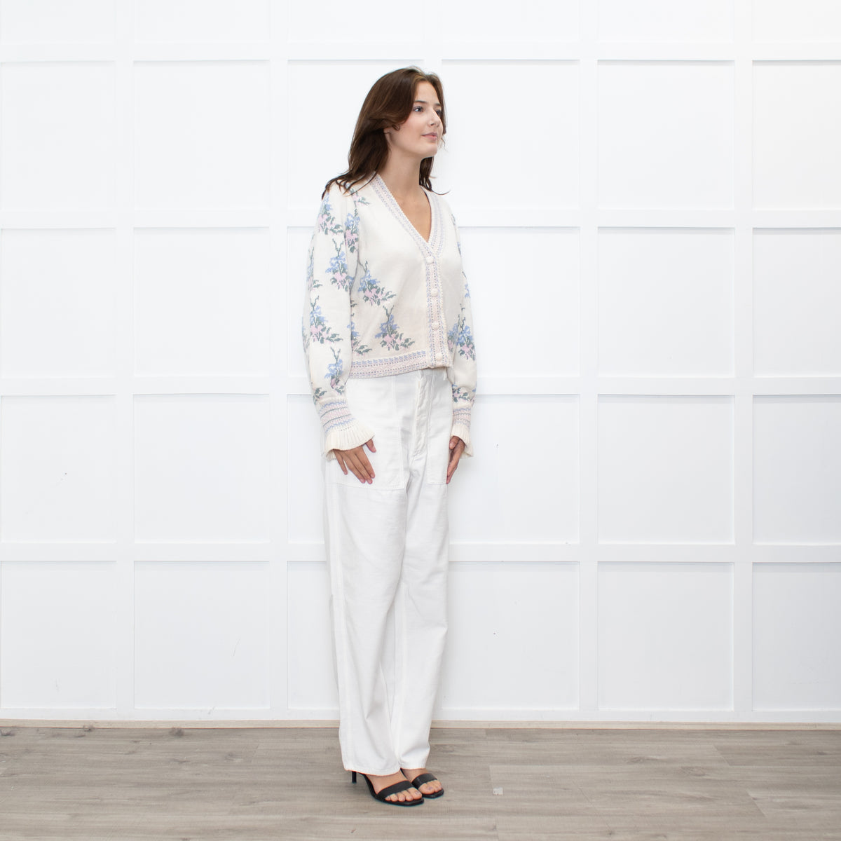 LoveShackFancy Cream Green Floral Wool Blend Cardigan