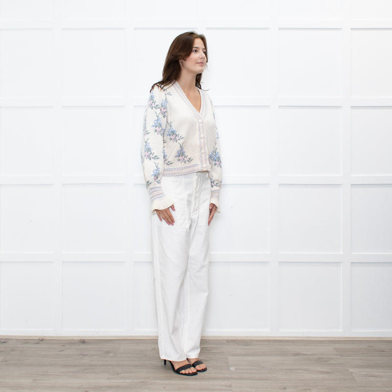 LoveShackFancy Cream Green Floral Wool Blend Cardigan