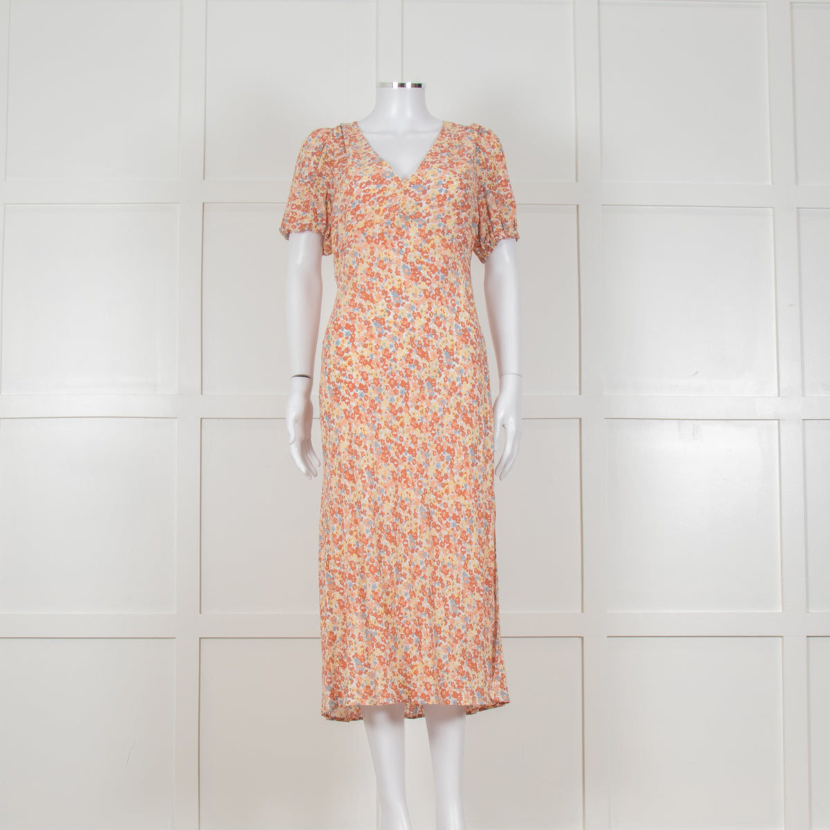 Rails Orange Yellow Blue Floral Print V Front Midi Dress