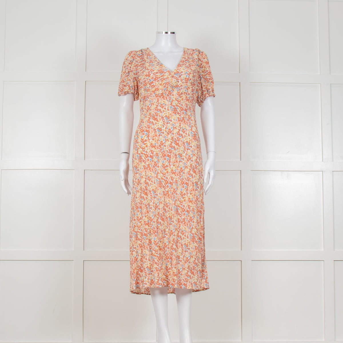Rails Orange Yellow Blue Floral Print V Front Midi Dress