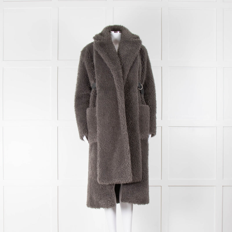 No Label Grey Faux Fur Coat With Detachable Scarf Collar
