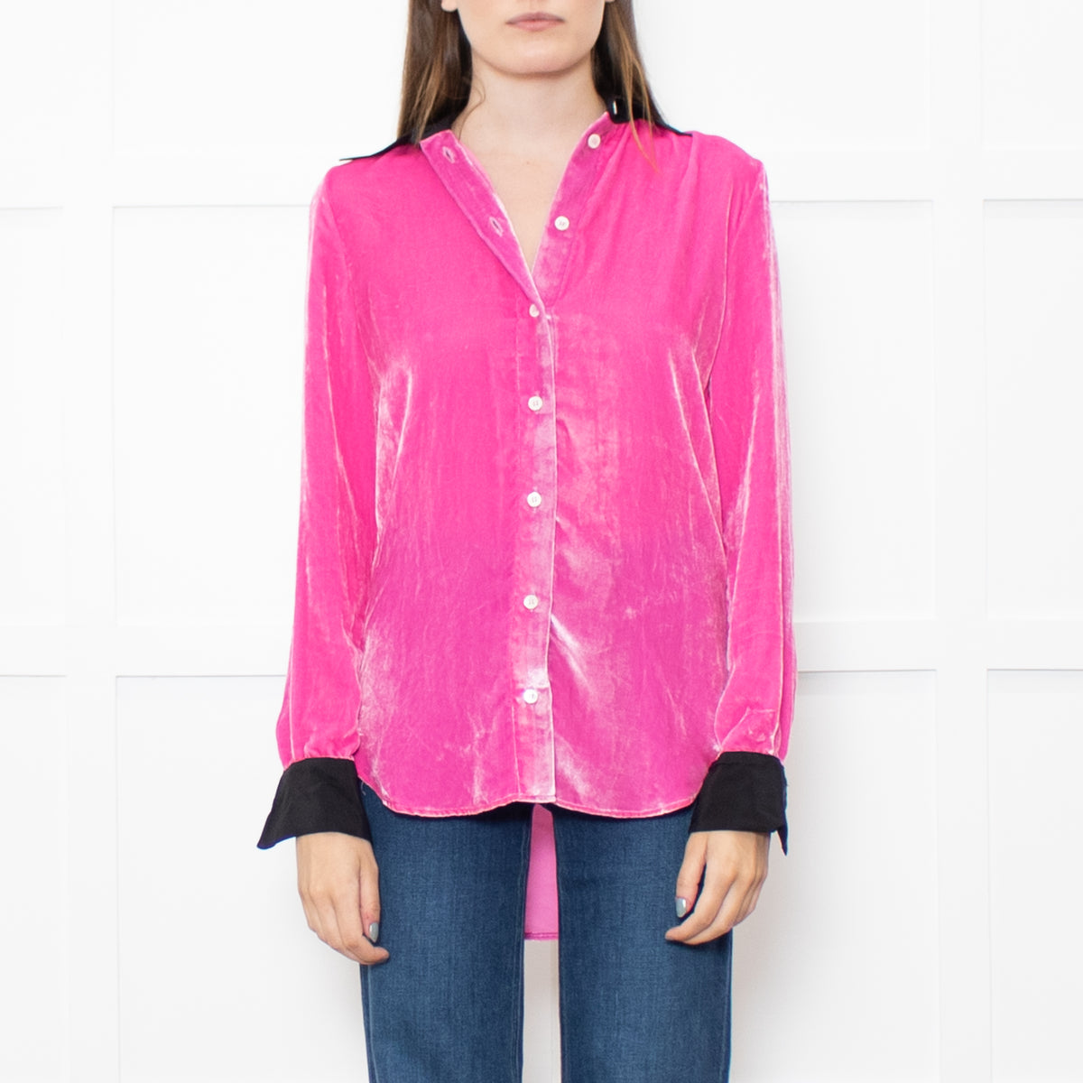 Serena Bute Pink Neon Pink Velvet Black Collar Top