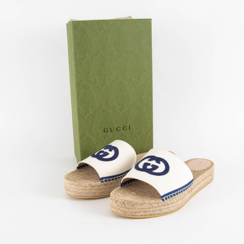 Gucci Interlocking GG Cream and Blue Espadrille Slides