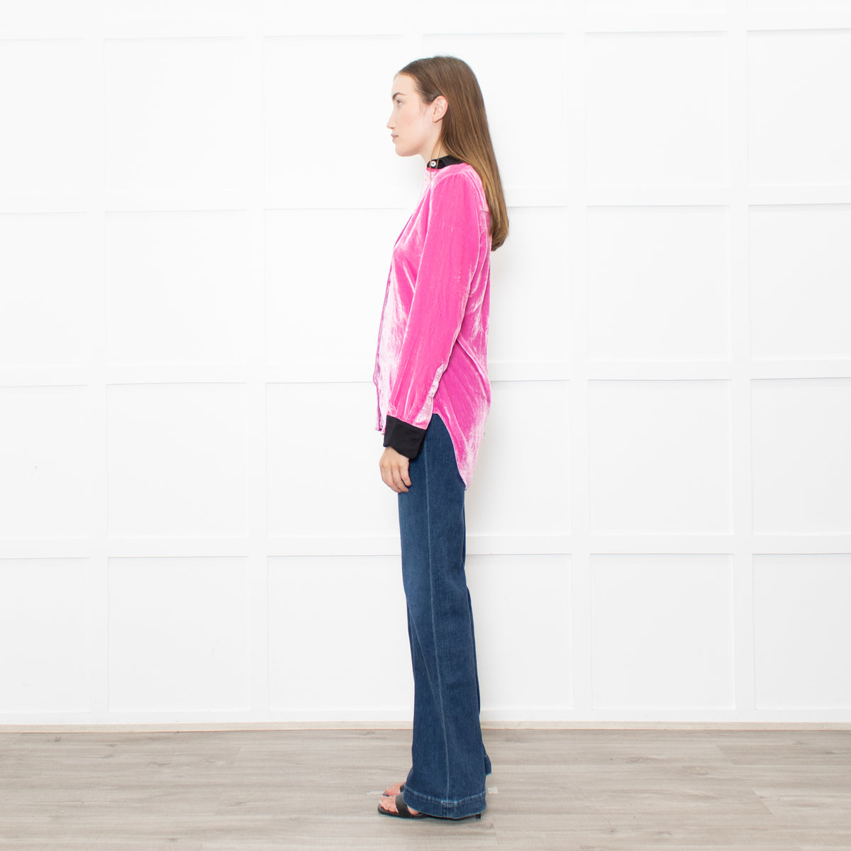 Serena Bute Pink Neon Pink Velvet Black Collar Top