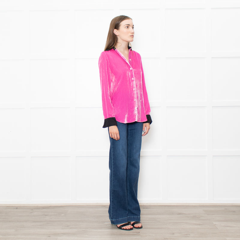 Serena Bute Pink Neon Pink Velvet Black Collar Top