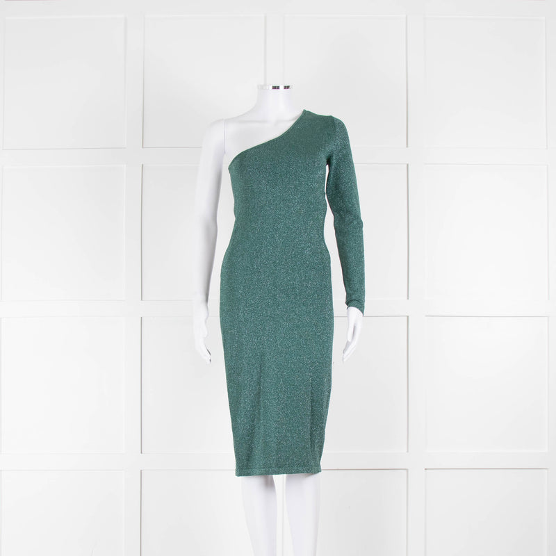 Pinko Green Lurex Cut Out One Sleeve Dress