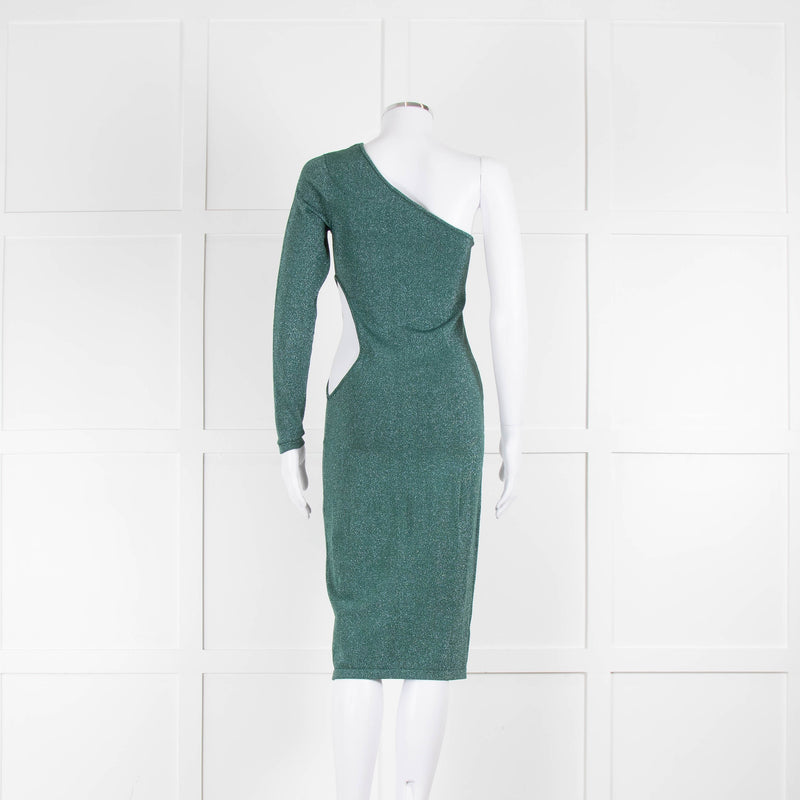 Pinko Green Lurex Cut Out One Sleeve Dress