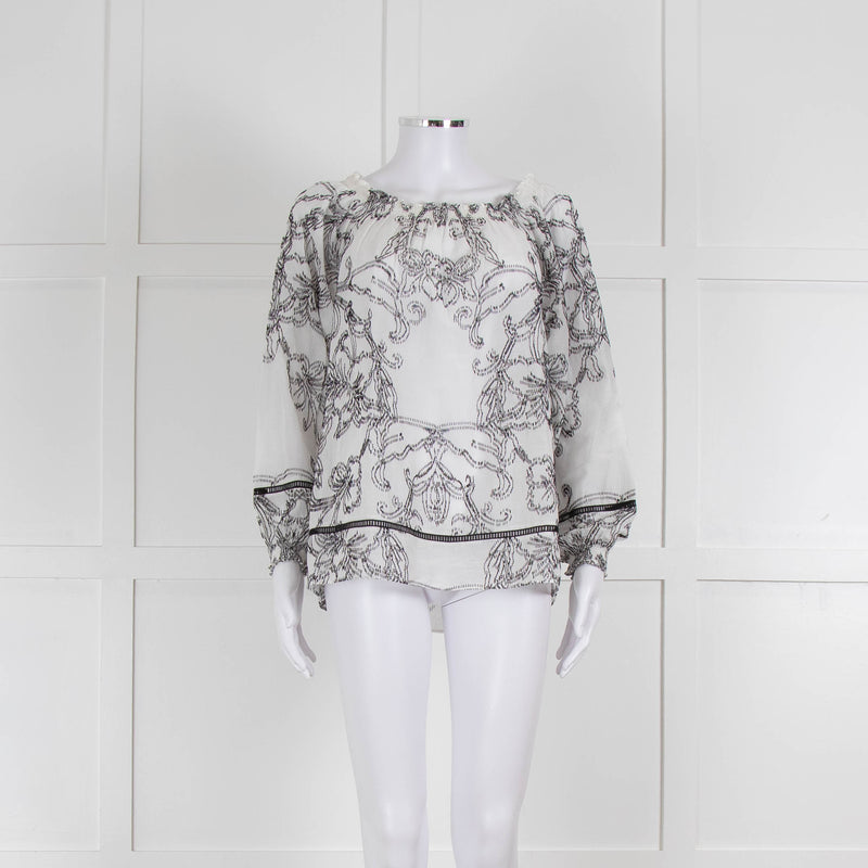 Marccain White and Black Embroidery Off The Shoulder Blouse