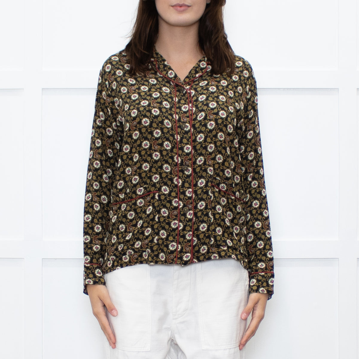 The Kooples Black Mustard Floral Red Trim Pyjama Style Shirt