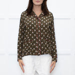 The Kooples Black Mustard Floral Red Trim Pyjama Style Shirt