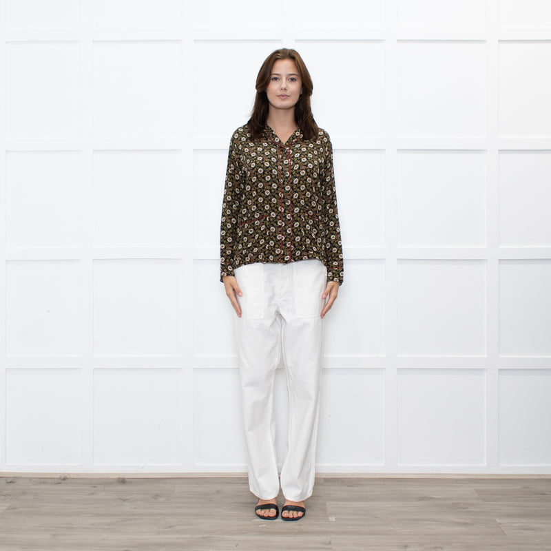 The Kooples Black Mustard Floral Red Trim Pyjama Style Shirt
