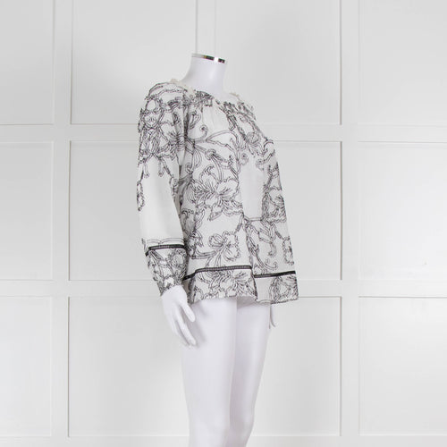 Marccain White and Black Embroidery Off The Shoulder Blouse