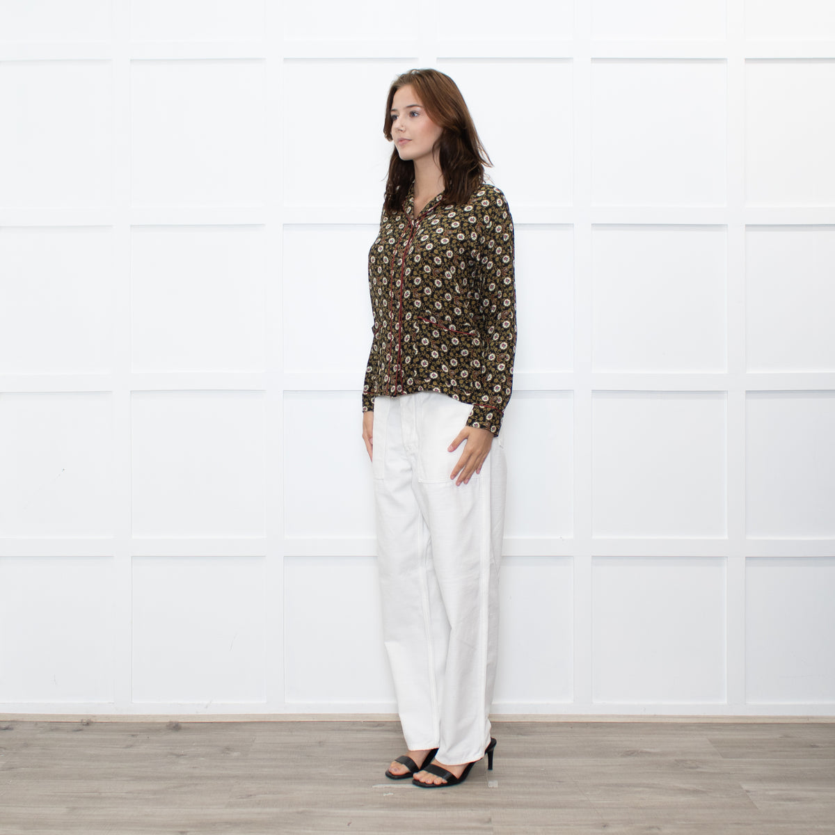 The Kooples Black Mustard Floral Red Trim Pyjama Style Shirt
