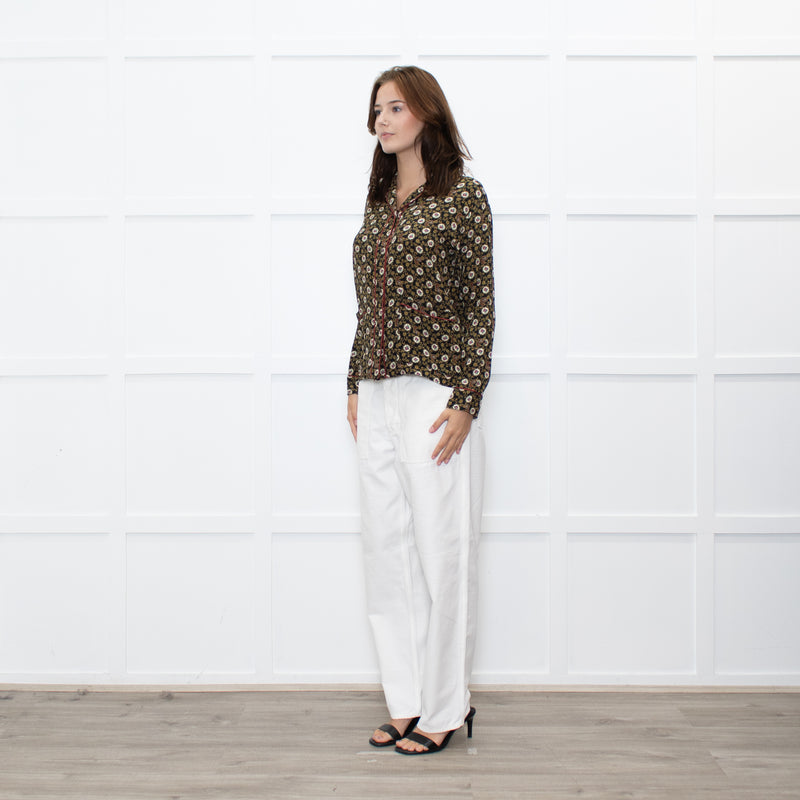 The Kooples Black Mustard Floral Red Trim Pyjama Style Shirt