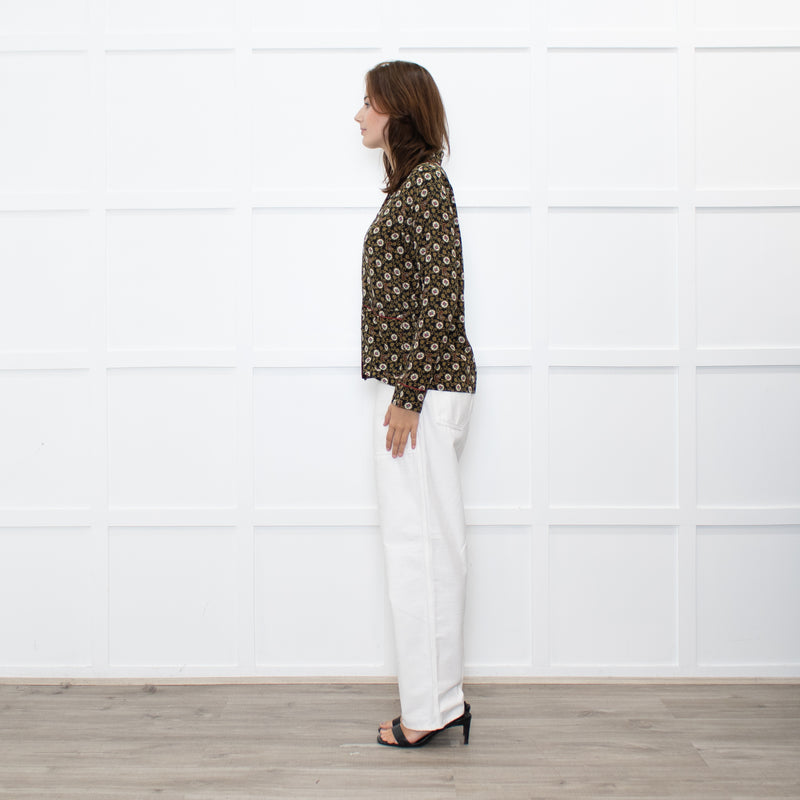 The Kooples Black Mustard Floral Red Trim Pyjama Style Shirt