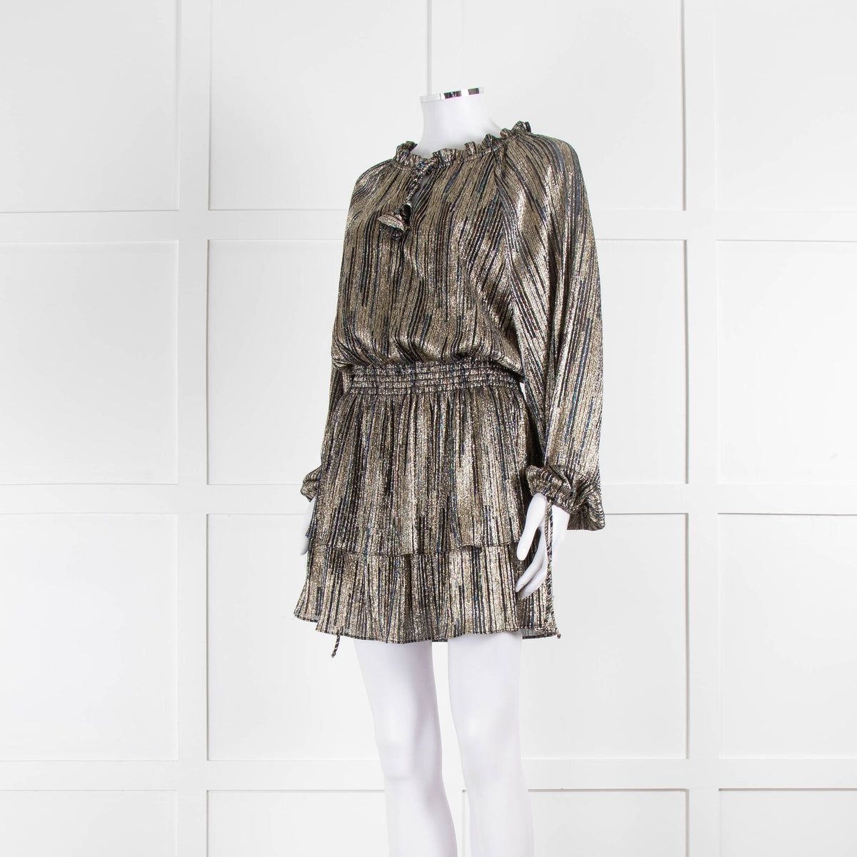 Misa Gold Black Multi Lurex Stripe Long Sleeve Mini Dress