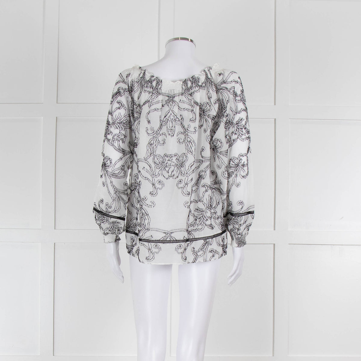 Marccain White and Black Embroidery Off The Shoulder Blouse