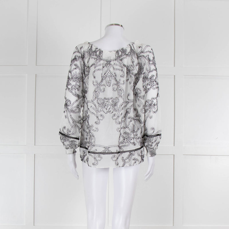 Marccain White and Black Embroidery Off The Shoulder Blouse