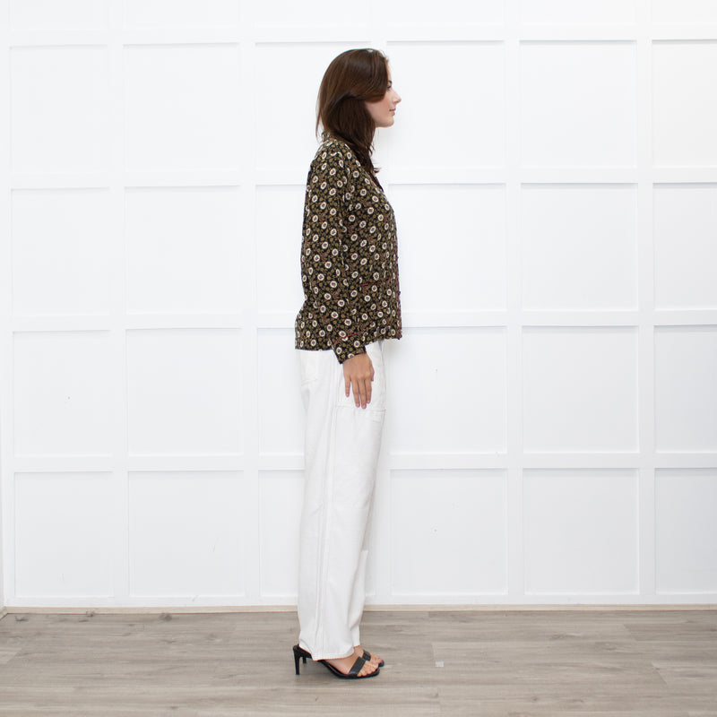 The Kooples Black Mustard Floral Red Trim Pyjama Style Shirt