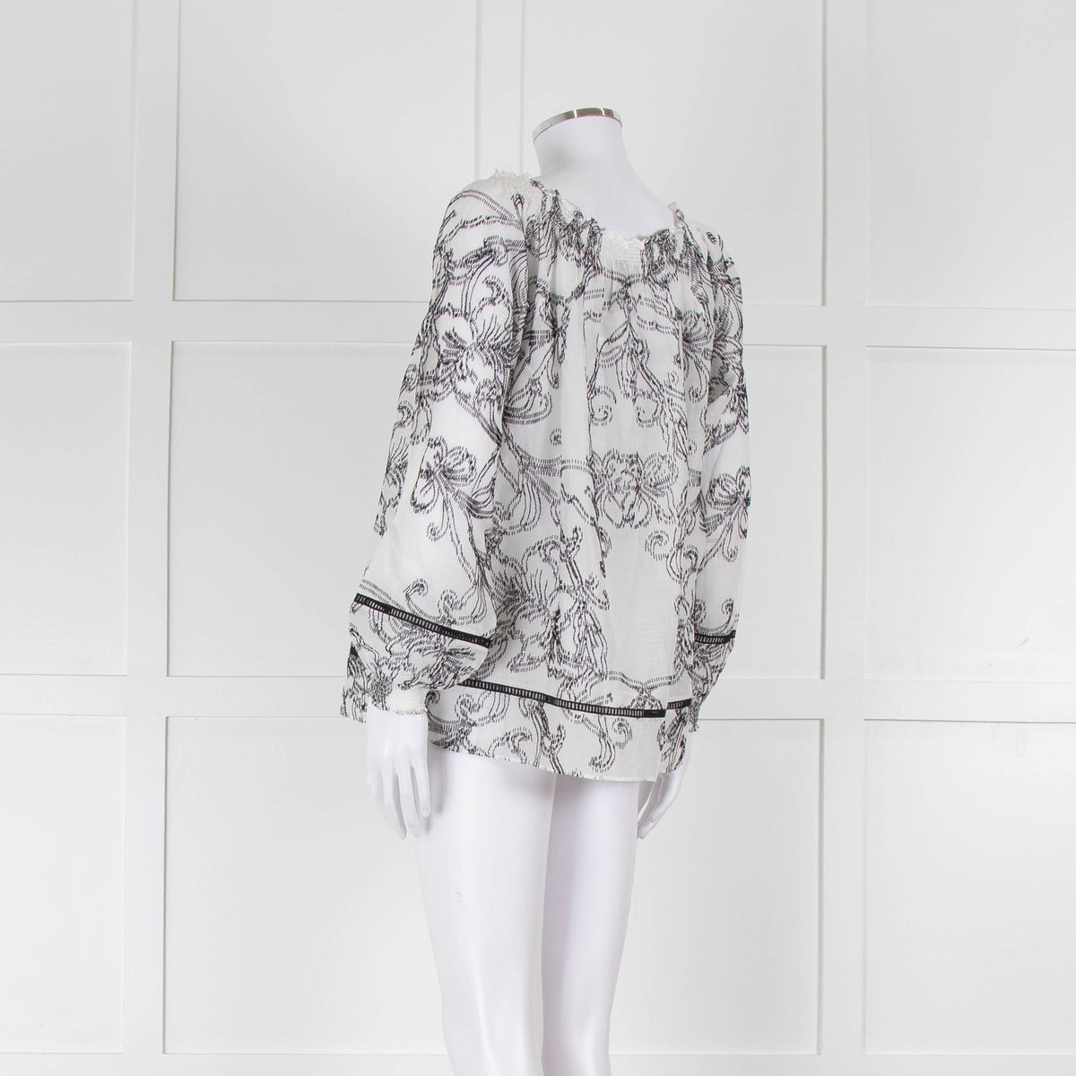 Marccain White and Black Embroidery Off The Shoulder Blouse