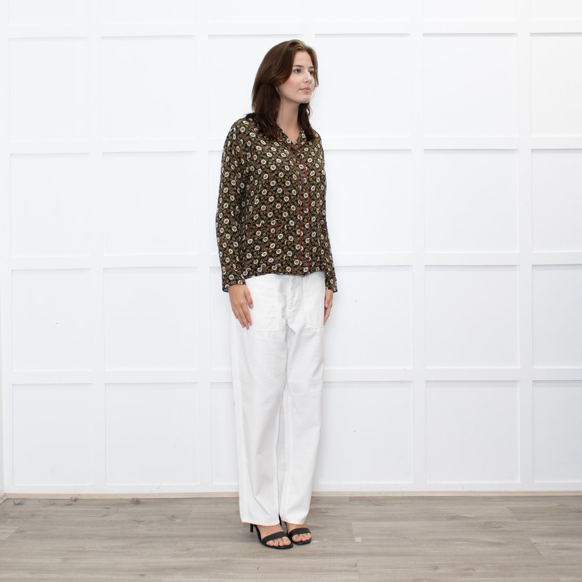 The Kooples Black Mustard Floral Red Trim Pyjama Style Shirt