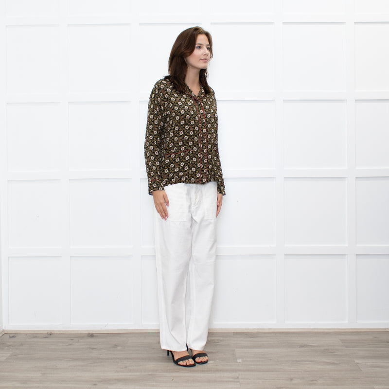 The Kooples Black Mustard Floral Red Trim Pyjama Style Shirt