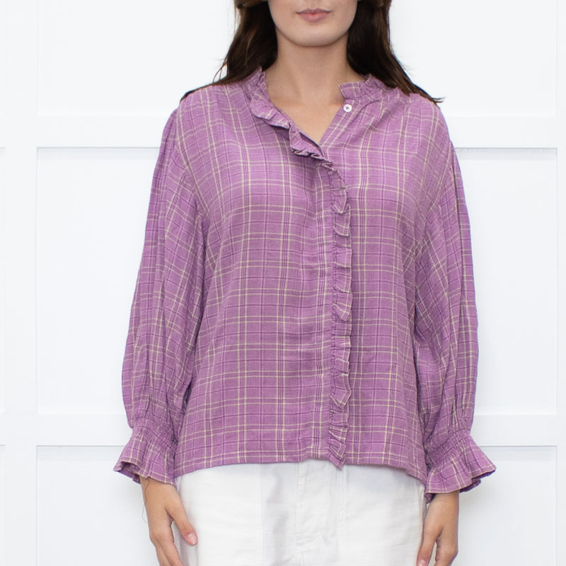 By IRIS Lilac Chequered Frilled Trim Blouse