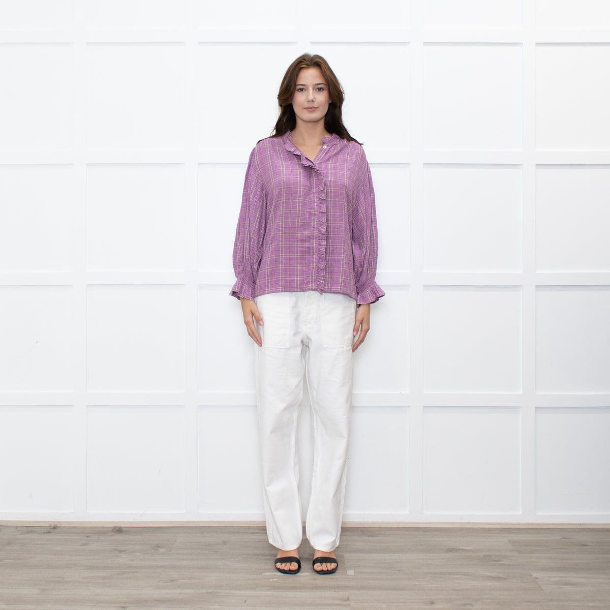 By IRIS Lilac Chequered Frilled Trim Blouse