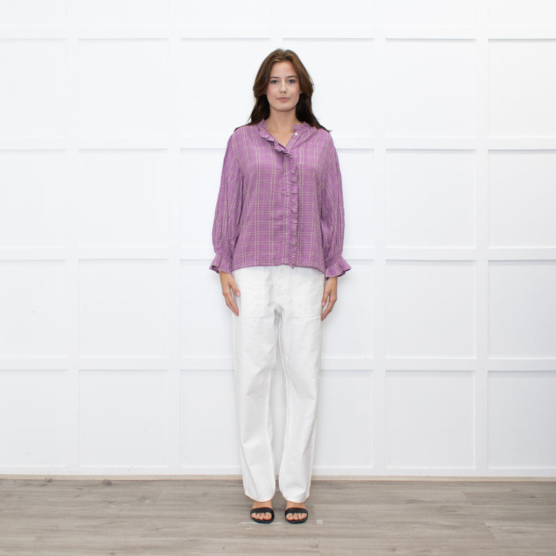 By IRIS Lilac Chequered Frilled Trim Blouse