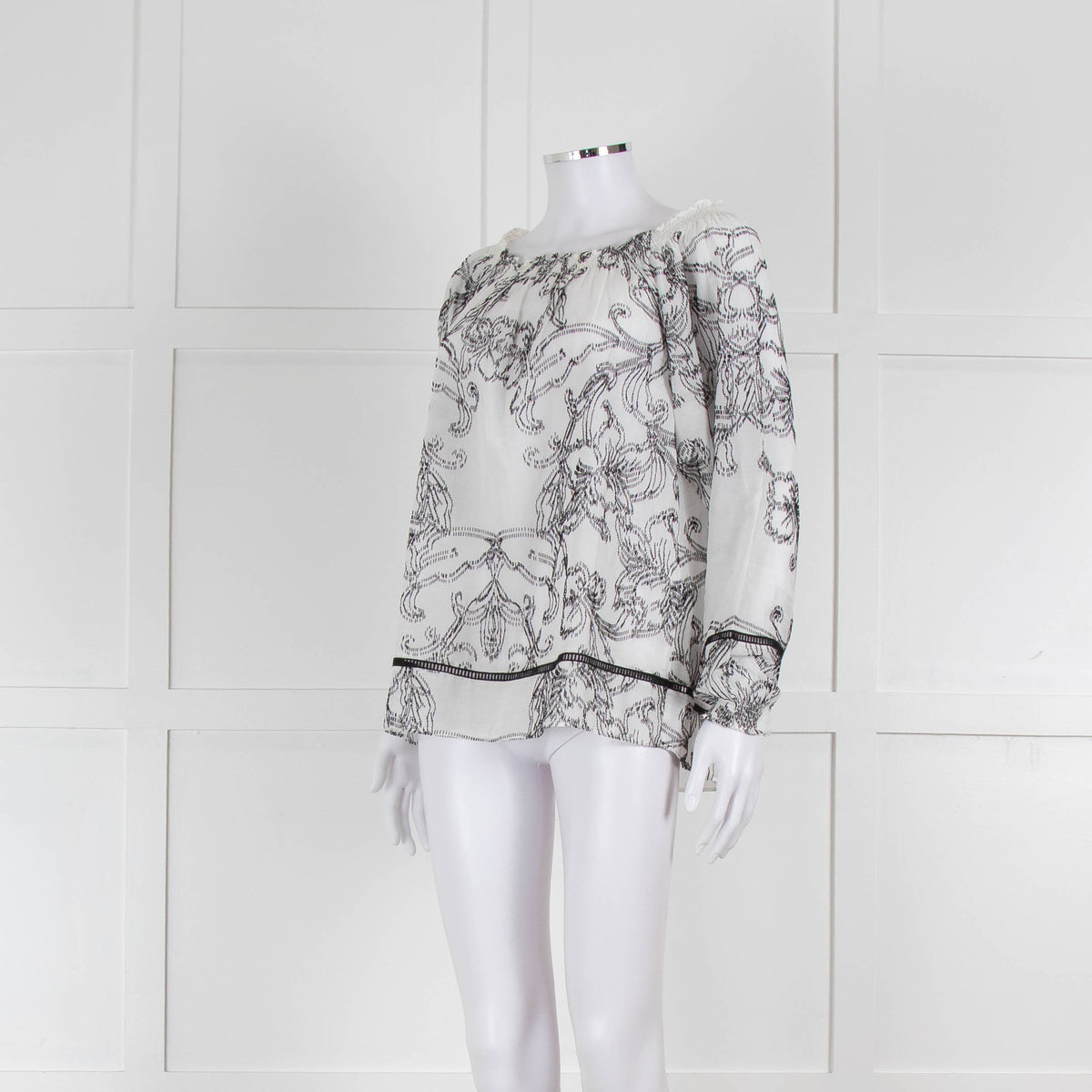 Marccain White and Black Embroidery Off The Shoulder Blouse