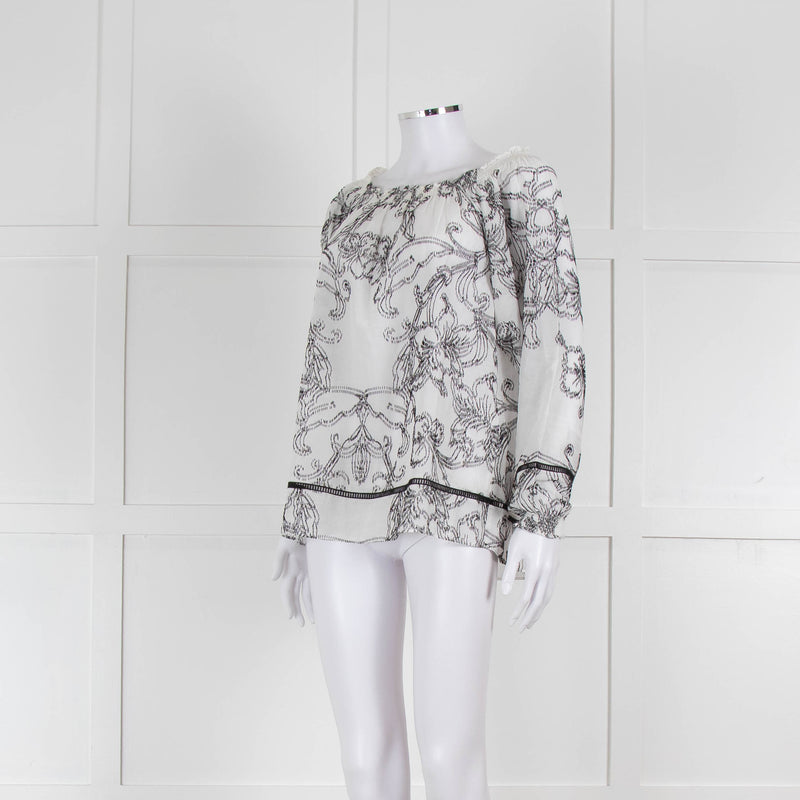 Marccain White and Black Embroidery Off The Shoulder Blouse
