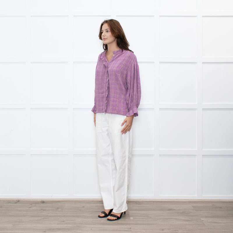 By IRIS Lilac Chequered Frilled Trim Blouse