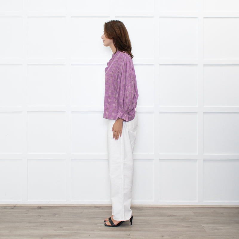 By IRIS Lilac Chequered Frilled Trim Blouse