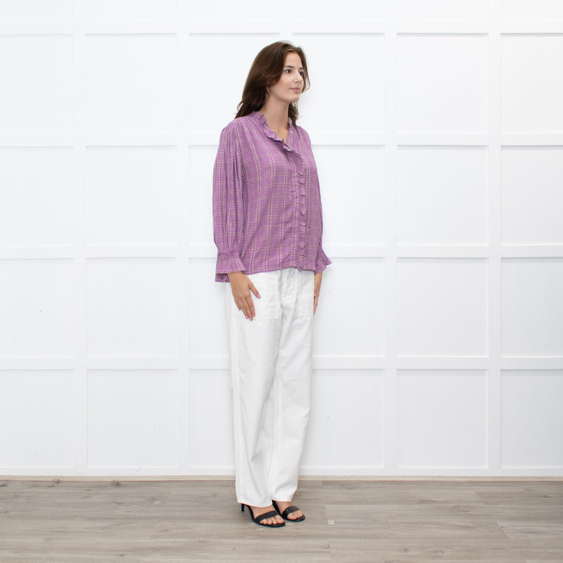 By IRIS Lilac Chequered Frilled Trim Blouse