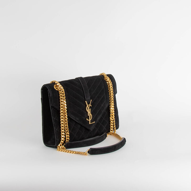 Saint Laurent Black Suede Quilted Envelope Crossbody