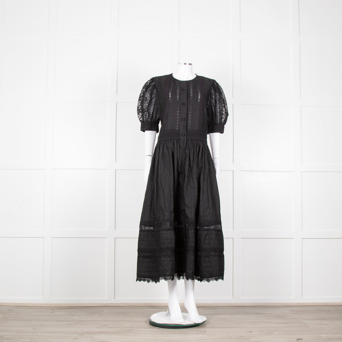 Waimari Black Cotton Lace Detail Puff Sleeve Maxi Dress