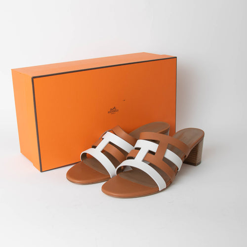 Hermes Tan and White Leather Amica Heeled Sandal