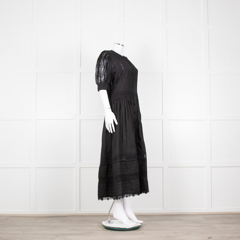 Waimari Black Cotton Lace Detail Puff Sleeve Maxi Dress