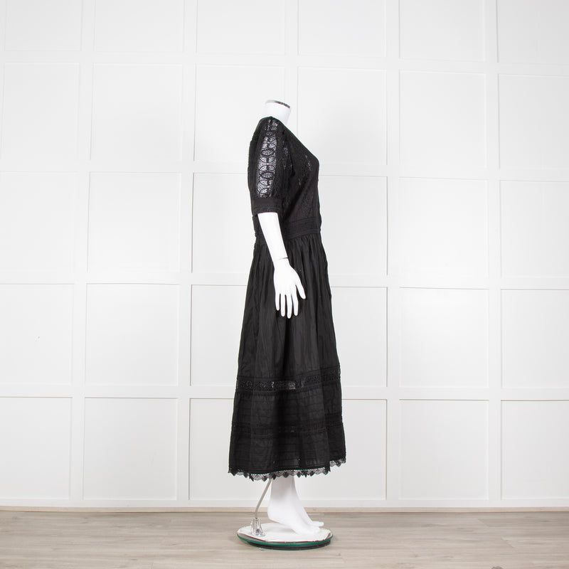 Waimari Black Cotton Lace Detail Puff Sleeve Maxi Dress