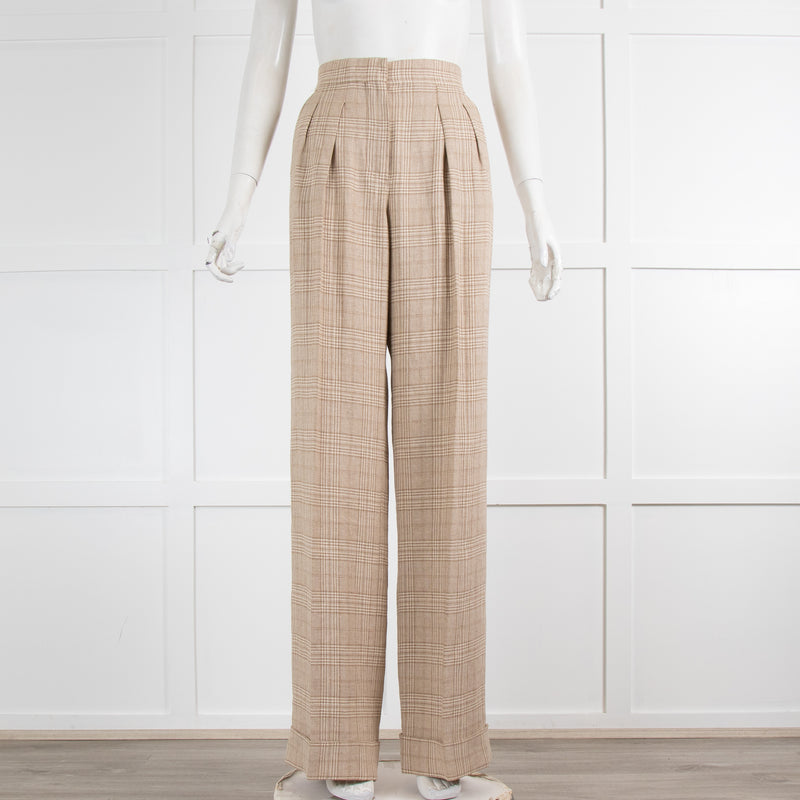 Max Mara Beige Check Linen Turned Up Trousers