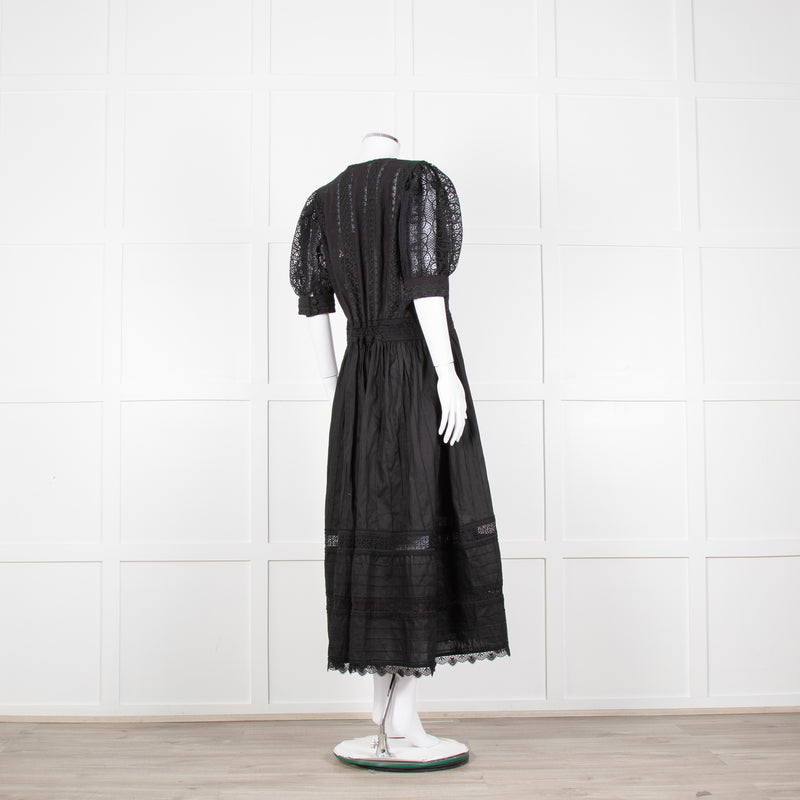 Waimari Black Cotton Lace Detail Puff Sleeve Maxi Dress