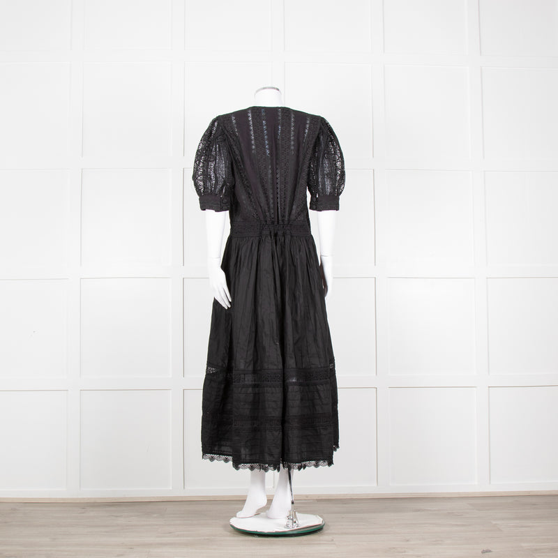 Waimari Black Cotton Lace Detail Puff Sleeve Maxi Dress