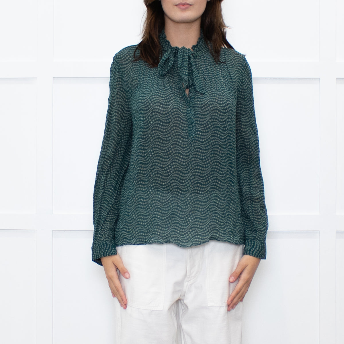 Ba&sh Green White Print Bow Tie Blouse