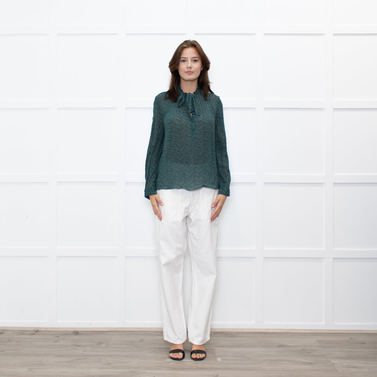 Ba&sh Green White Print Bow Tie Blouse