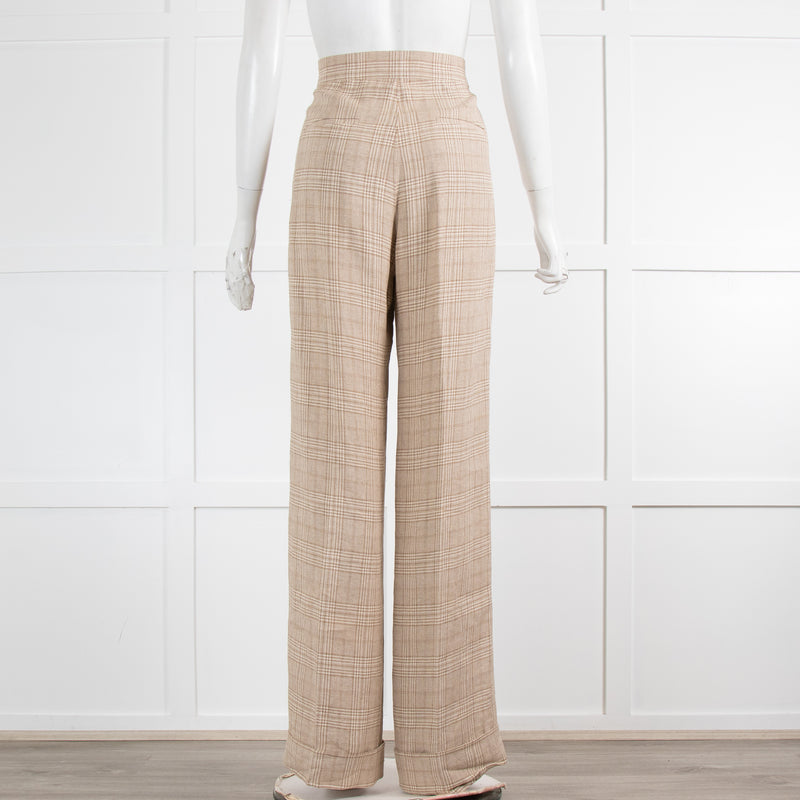 Max Mara Beige Check Linen Turned Up Trousers