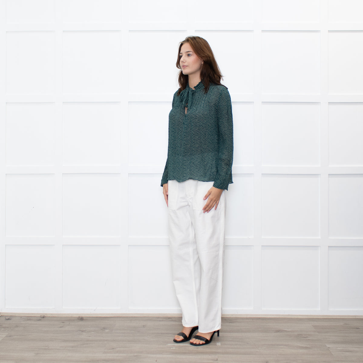 Ba&sh Green White Print Bow Tie Blouse