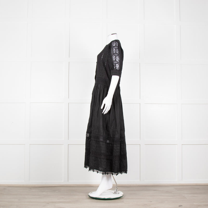 Waimari Black Cotton Lace Detail Puff Sleeve Maxi Dress
